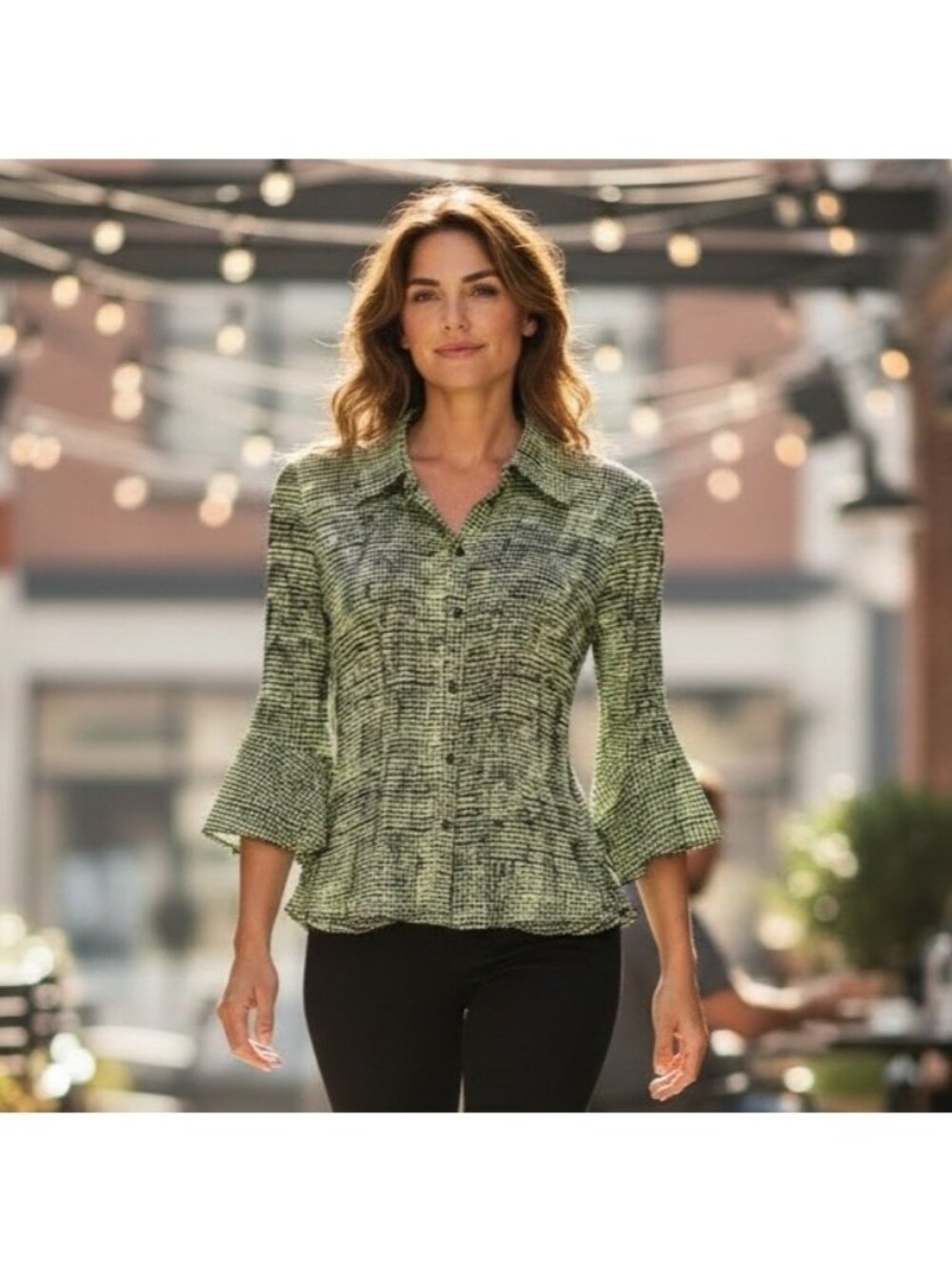 Essentials by Milano Lime Green Black Crinkle Blouse S Witchy Flare Sleeves